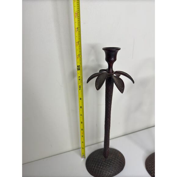 Pair Made in India Textured Wrought Iron Metal Tropical Palm Tree candlesticks - Picture 6 of 10